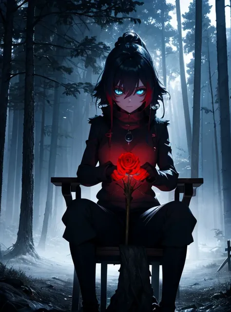 1 only, woman,Capture,, Muscular body,, Glowing blue eyes, Sitting with the tree,,Dark soul,,Cemetery,,Dark black pants, Dark black rose, scary , Fantasy forest,Red Moonlight, Scary cinematic shot,((Tafah, Best quality, )),