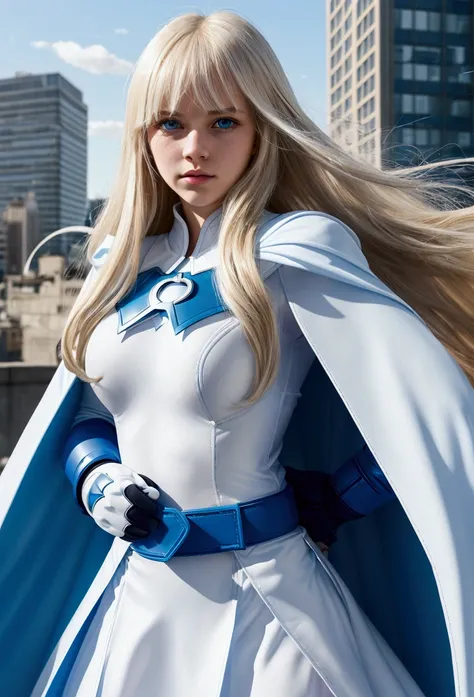 20 year old girl with long straight light blonde hair with a bang, blue eyes, white superhero costume, blue gloves, light blue cape and white skirt, long sleeves, light blue belt, city background
