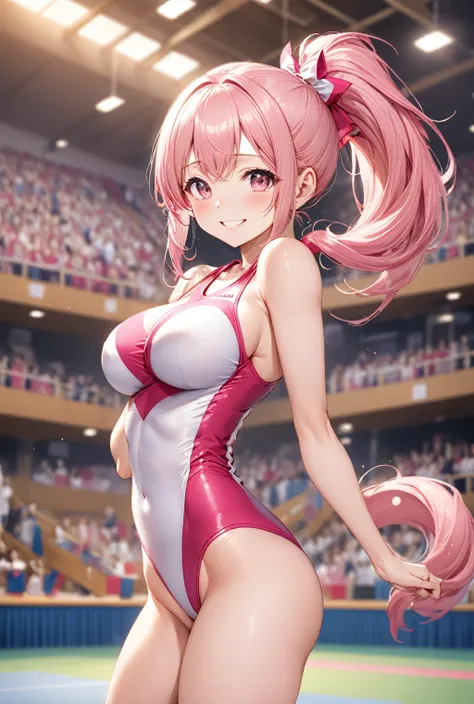 (Highest quality, 8k, 32K, masterpiece, Ultra-high resolution,:1.2),to be born, One Girl,So cute , Fantasy background like a gymnasium, clear, Shining Eyes, Age 25 ,Fair skin, Girl with pink hair, A beautiful girl like a fox, Cheerleader, Slanted Eyes, , A...