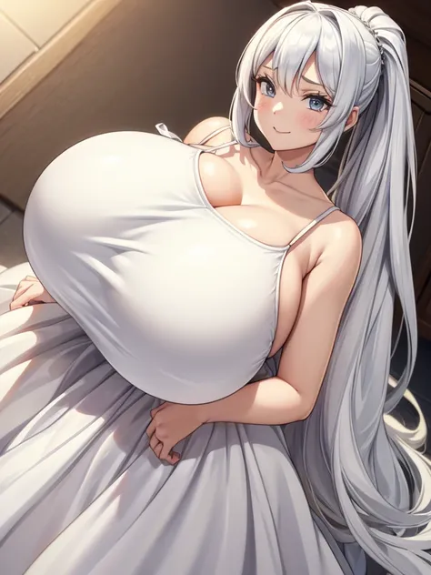 1 girl, horse ear, masterpiece, highest quality, high ponytail, wallpaper,(very big boobs:1.5), (white dress:1.5)ω