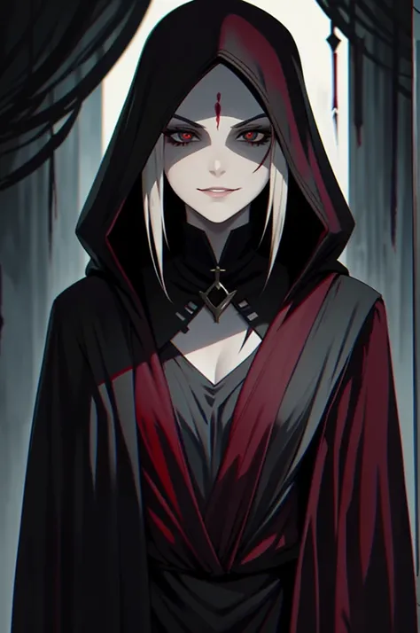 Pale, Creepy cultist, dark elf, low dim lighting, dark chamber, smirk, blood on her face