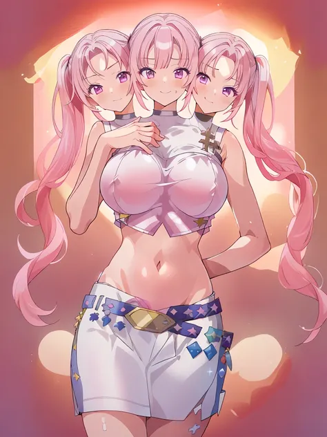 (masterpiece, best quality), best resolution, (3heads:1.5), 1girl, pink hair, twintails, long pigtails, smug, open belly, white crop top, white miniskirt, open breasts, huge tits, 
