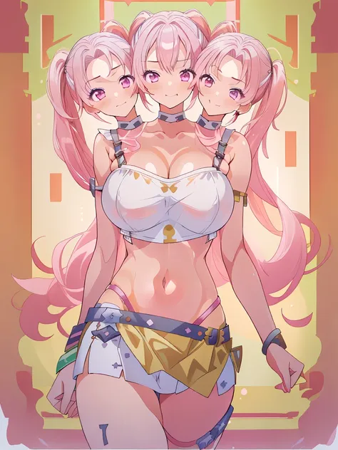 (masterpiece, best quality), best resolution, (3heads:1.5), 1girl, pink hair, twintails, long pigtails, smug, open belly, white ...