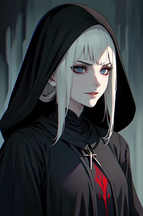 Pale, Creepy cultist, dark elf, low dim lighting, dark chamber, smirk, blood on her face