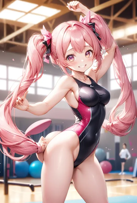 (Highest quality, 8k, 32K, masterpiece, Ultra-high resolution,:1.2),to be born, One Girl,So cute , Fantasy background like a gymnasium, clear, Shining Eyes, Age 25 ,Fair skin, Girl with pink hair, Slanted Eyes, , An innocent smile, Grin, Large Breasts, New...