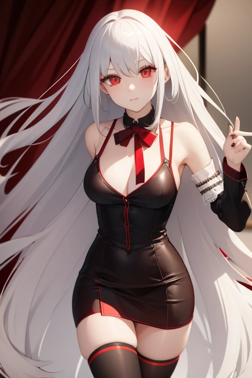 A beautiful young 17 year old girl, long white hair with red eyes wearing a very provocative outfit, quase nua.