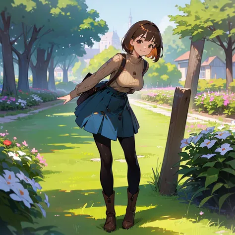 (high quality, High resolution, Very detailed, reality:1.37), Peaceful atmosphere, (Outdoor, garden), Teenage girl standing alone, (my breasts are big.), Beautiful details, Cute Smile, (Brown bob hair), Ribbed sweater, Blue Skirt, Black tights, Brown boots...