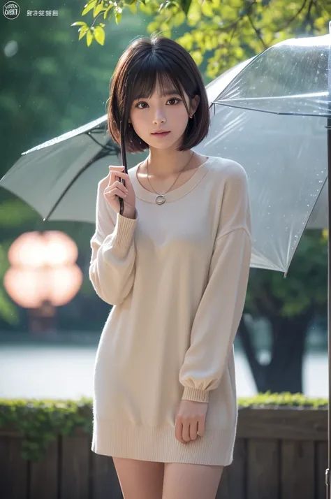 Highest quality、8k、32K、masterpiece、nffsw:1.2)、cute日本人女性の写真、Long sleeve dress、Short very bob hair、Upper Body、Surface Focus、Extra large size_sweater、necklace、Rainy park、Hold an umbrella、Water droplets fall、Looking at the audience、Mix 4、(8k、Raw photo、Highest ...