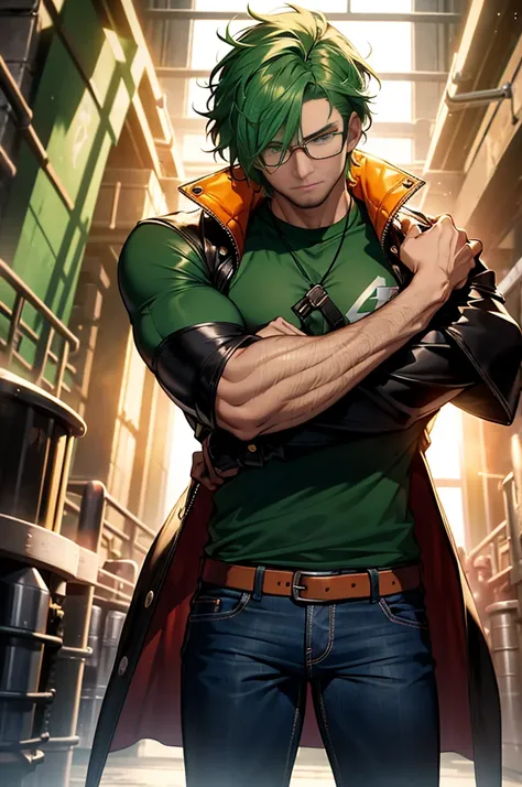 man,
Sporting glasses with thick frames,
Sporting long green hair that cascades down his back,
His eyes, a vibrant red that seems to glow,
Wearing leather clothes that hug his muscular frame,
One hand casually tucked into the pocket of his jeans.