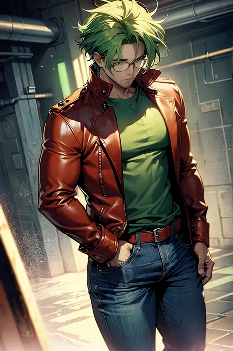 man,
Sporting glasses with thick frames,
Sporting long green hair that cascades down his back,
His eyes, a vibrant red that seems to glow,
Wearing leather clothes that hug his muscular frame,
One hand casually tucked into the pocket of his jeans.