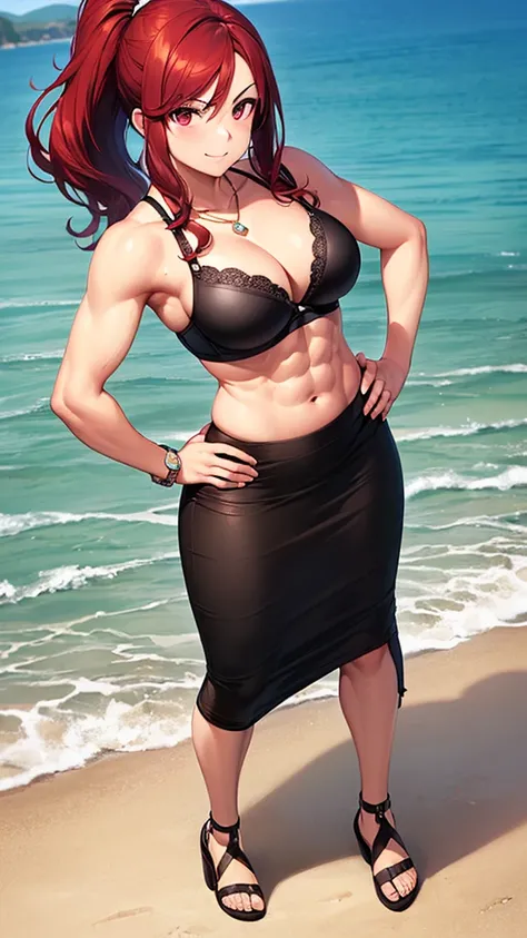 masterpiece, (best quality:1.3), (ultra-detailed:1.1), 1girl, beautiful woman with wavy hair, (dark red hair:1.6), (ponytail hair:1.2), (large breasts:1.1), (slim body:1.5), exposed muscle, (abs:1.25), (black bra:1.5), black maxi pencil skirt, long pencil ...