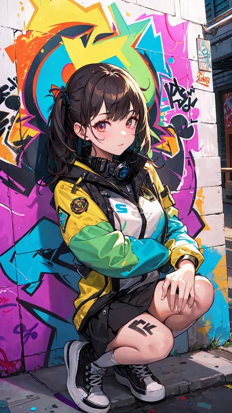 (Highest quality), masterpiece, Highly detailed CG uniform 8K illustrations, High collar, extremely High collar saturation, All the colors have deepened, paint, Graffiti art, Center Configuration, Highly detailed lights and shadows, Graffiti wall, wall pai...