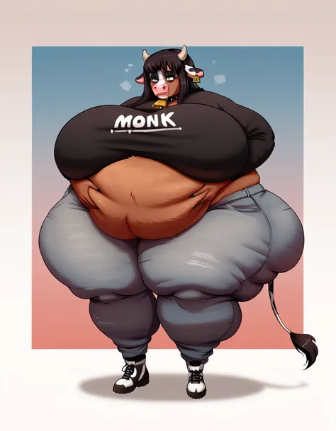 Female, cow, ((anthro cow girl)), bovine, cow woman, bovine, cow girl, cow, (cow woman), a goth woman, fluffy body, dark brown fur, brown fur, black spots, black noes, cow noes, cow, cow face, a tall and curvy figure, highres, and a hyper massive voluptuou...