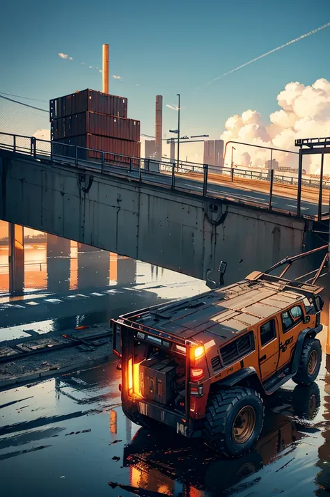 (High Definition, 8K Wallpaper, High resolution), Detailed Forklift, Realistic Damage, Crushed Metal Texture, Overturned Forklift, Massive Tires Scraping the Bridge, Perspective from Below, Diminishing Perspective, Shadows Cast Long, Faded Reflections in t...