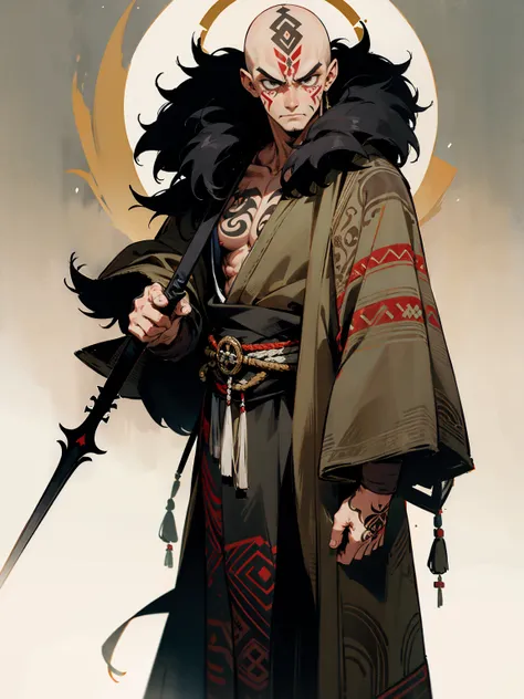 Older male, bald, tribal tattoos, fur cloak, holding a spear, stern expression, standing on path