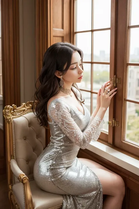 A young woman with intricate jewelry, seated by a window. She wears a detailed dress adorned with shimmering embellishments. The room has a luxurious ambiance, with ornate designs on the window frame and a mirror reflecting the surroundings. The womans gaz...