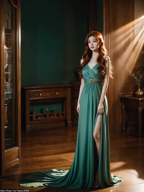 She stepped into the room, the setting sun casting a halo of golden light around her fiery red hair. Her deep emerald green eyes sparkled like a still lake, framed by long, curled lashes. Her face was an oval of delicate beauty, with a small nose and lips ...