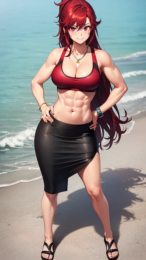 masterpiece, (best quality:1.3), (ultra-detailed), 1girl, beautiful woman with wavy hair, (dark red hair:1.6), (ponytail hair:1.2), (large breasts:1.1), (slim body:1.5), exposed muscle, (abs:1.15), (red sports bra:1.5), black maxi pencil skirt, (long penci...