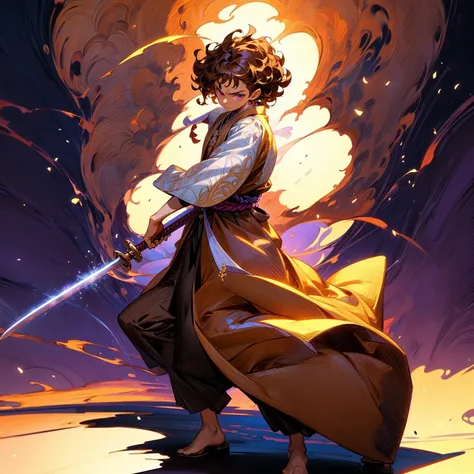 Solo character, full body version, young boy, tan skin, brown color hair, Curly hairstyle, purple eyes, Japanese tunic clothing, background is plain white, shadow, standing battle gesture, sword in hand, (one piece style art)