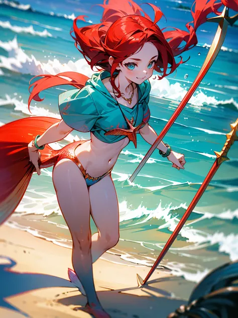 Teenage female, red hair, mermaid tail, seashell necklace, holding a trident, playful smile, standing on path