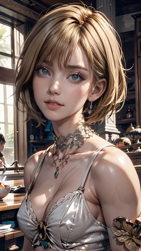 24-year-old female、Blonde、Pixie Cut Hair((pixie cut))、Lace choker、necklace、Oval Neck((oval neck))Tops、sheer leggingules、Silver accessories on the wrist、Manicure、Peticure、Duck mouth