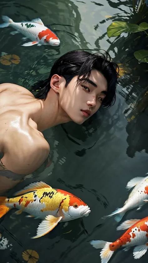 Portrait of a young man in bermudas, half body on water. He has medium long wet dark hair, athetic. Some medium and big size colourful Koi fishes diving and swimming underwater surrounding the young man, splashes of water.  Japanese garden as background. S...