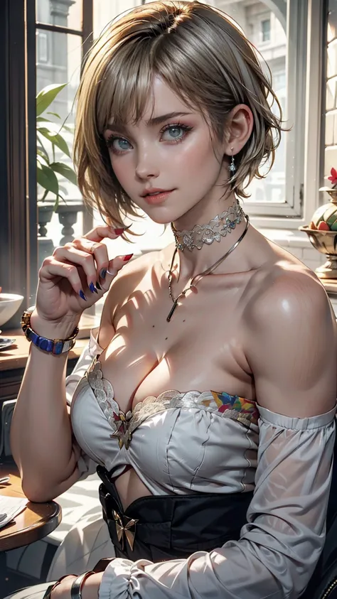 24-year-old female、Blonde、Pixie Cut Hair((pixie cut))、Lace choker、necklace、Oval Neck((oval neck))Tops、sheer leggingules、Silver accessories on the wrist、Manicure、Peticure、Duck mouth