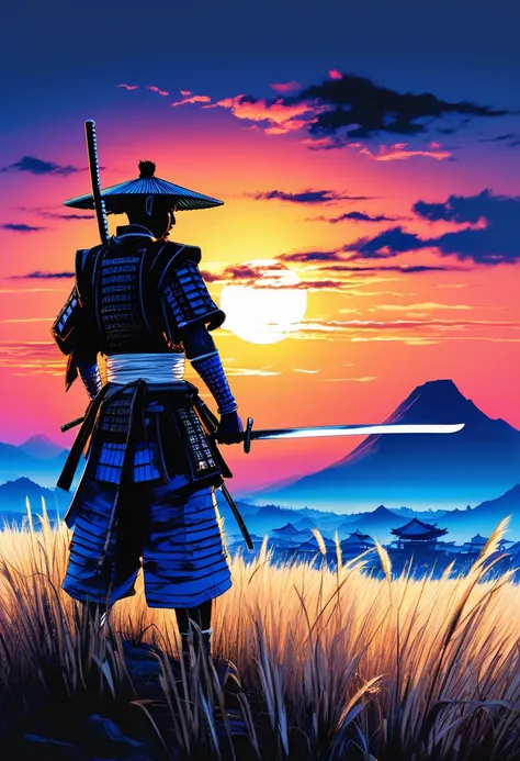 dramatic silhouette image featuring a lone black man samurai standing against a large, glowing sunset. the samurai is wearing a ...