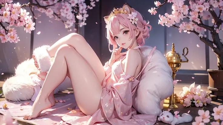 a small kitten with light pink fur and a furry tail wearing a tiara of golden flowers amidst cherry blossoms