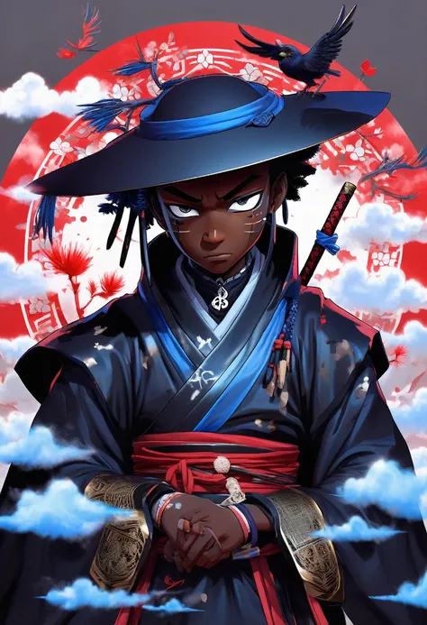 Digital artwork featuring a black man samurai anime character with a dark, mysterious aesthetic. The character has dark skin and blue eyes, partially obscured by a high-collared black cloak with blue cloud patterns. They wear a headband with a metallic pla...