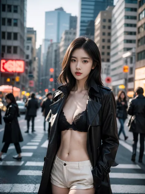 A minimalist portrait of a stylish woman in a trench coat, wearing black bra, short sexy pant, standing at a crosswalk in a bustling city, golden hour, natural light, film grain, Leica M6, 35mm lens