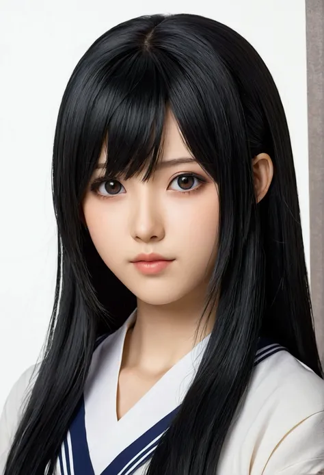 make me a female character with a manga or anime theme with no background, the character has long black hair, beautiful black eyes, smooth and soft cheeks, and a typical Japanese , as well as an ideal body shape