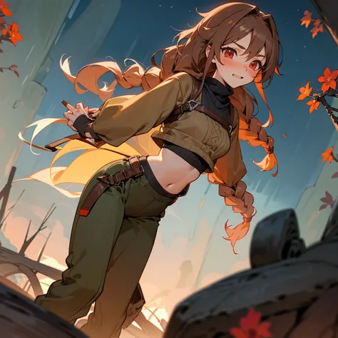 1female, sexy, young teen, finely detailed red eyes, wild long hair, braided hair, brown color hair, adventurer gear, crop top sweater, baggy combat pants, night time, dark forest, excited expression, flowers, blushing, standing on path, lanturns