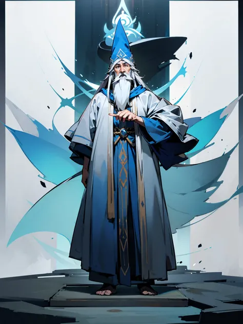 Older male, gray hair, wizard hat, long beard, blue robes, wise expression, standing on path