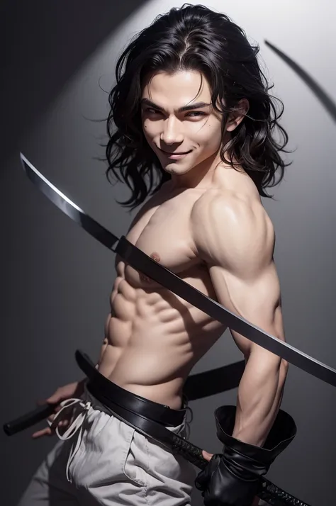 Create an image of a boy holding a katana that is splitting his face, while a shadow covers the upper part of the face, he has white skin, medium sized wavy hair, he has an evil smile