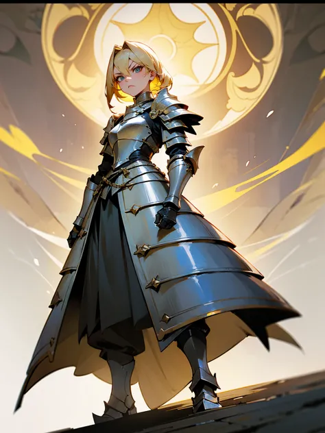 Middle-aged female, blonde hair, knight armor, fierce gaze, standing on path
