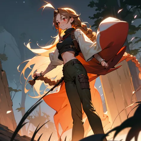 1female, sexy, young teen, finely detailed red eyes, wild long hair, braided hair, brown color hair, adventurer gear, crop top sweater, baggy combat pants, night time, dark forest, excited expression, flowers, blushing, standing on path, lanturns