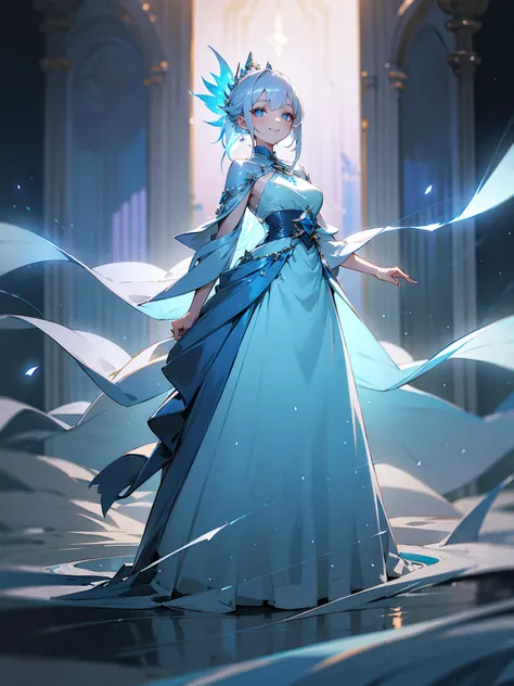 Young female, silver hair, ethereal glow, flowing blue gown, serene smile, standing on path