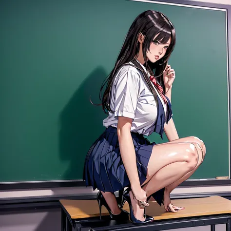 Anime image of a woman in high heels standing in front of a blackboard., Realistic , hyperRealistic , A hyperrealist , oppai, ecchi, in a classroom, school girl, seductive anime girl, standing in class, Ecchi anime style, ecchi style, beautiful anime girl ...