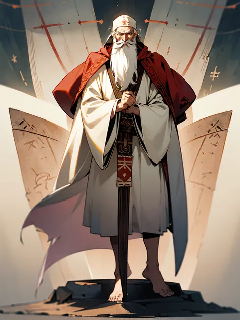 Older male, long white beard, heavy robes, ancient runes, wise gaze, standing on path