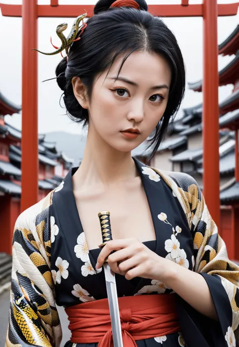 close-up of a woman holding a sword with a snake, shohei otomo, she is holding a knife sword, inspired by torii kiyonobu i, insp...