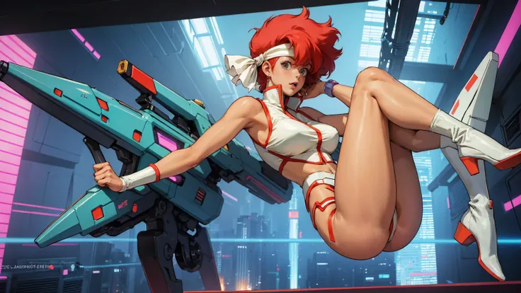 Kei from The Dirty Pair, , wearing a tight outfit, frame, legs, medium breast, red hair beauty, cyberpunk city background, holding retro space-gun, headband, slim waist, slim thighs, thigh gap