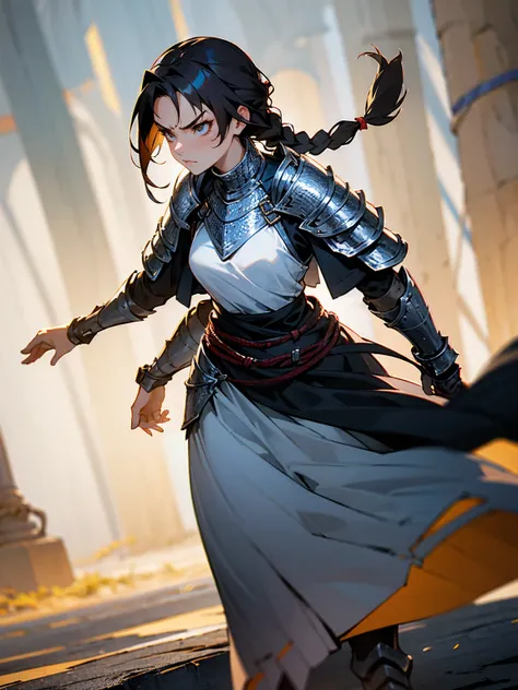 Middle-aged female, dark hair, warriors braid, chainmail armor, fierce gaze, standing on path