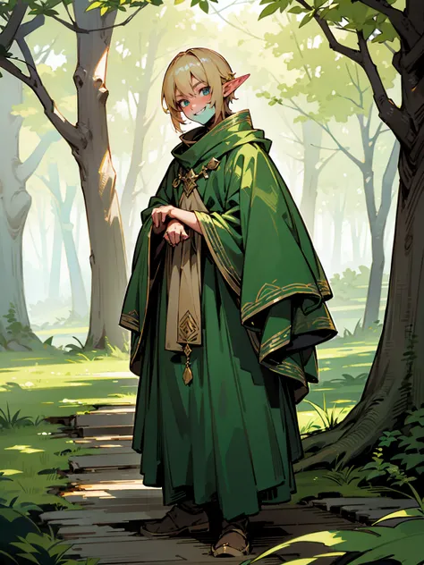 Young male, blond hair, elven features, forest attire, mischievous grin, standing on path