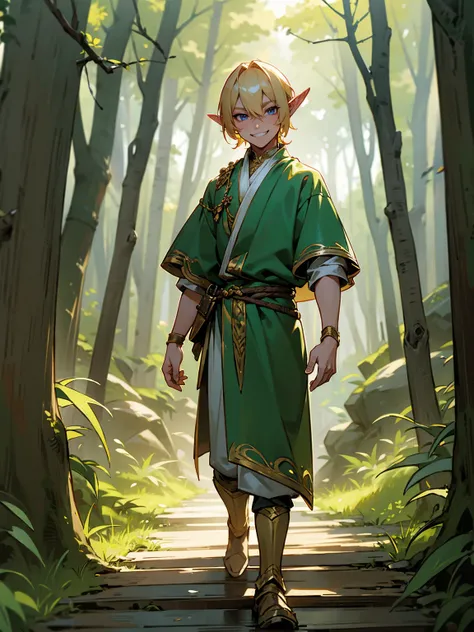 Young male, blond hair, elven features, forest attire, mischievous grin, standing on path