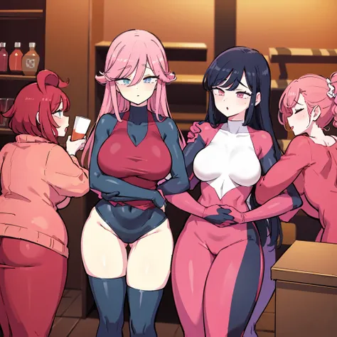 Group of sensual and curvy women; big chest, big butt and tight clothes, hugging and kissing. Some of them slightly show underwear that varies in pink or red tones..