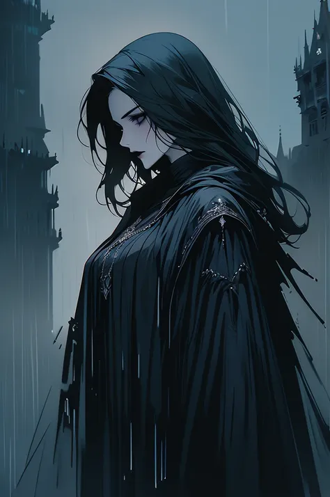 Attractive female with pale skin silver eyes, black lipstick, She has raven black ragged hair, wearing a thin robe like cloak, in a dark Field with a castle behind her, and a raven is flying next to her at night in the rain. dark fantasy art, gothic, with ...