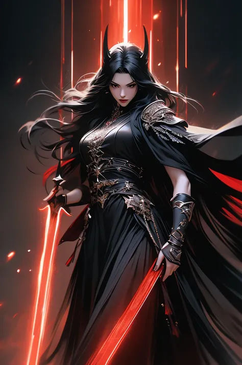 8k,vampire woman in the underworld,vampire demon slayer woman,Super beautiful(like the real thing),sharp red eyes(red glowing effect),pale skin(超realistic skin),vampire big fangs,pointed ears,Sexy costume,black cloak long black ragged hair,masterpiece,Phot...