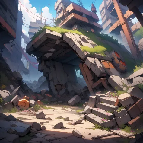 (masterpiece),(best quality),very aesthetic,(ultra-detailed),(super-fine illustration),vibrant colors,high saturation,Collapsed civilization,no human,Abandoned station platform,Broken concrete ground,summer,(A single piece of paper on top of rubble,beacon,...