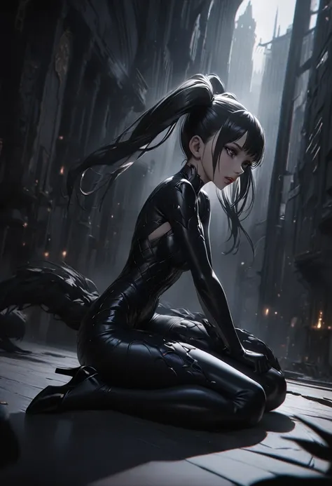 a beautiful young girl in a black symbiote suit, high heels, twin ponytails, detailed face, detailed eyes, detailed lips, flawless skin, graceful pose, dramatic lighting, dark and moody atmosphere, cinematic, highly detailed, 8k, photorealistic, digital ar...